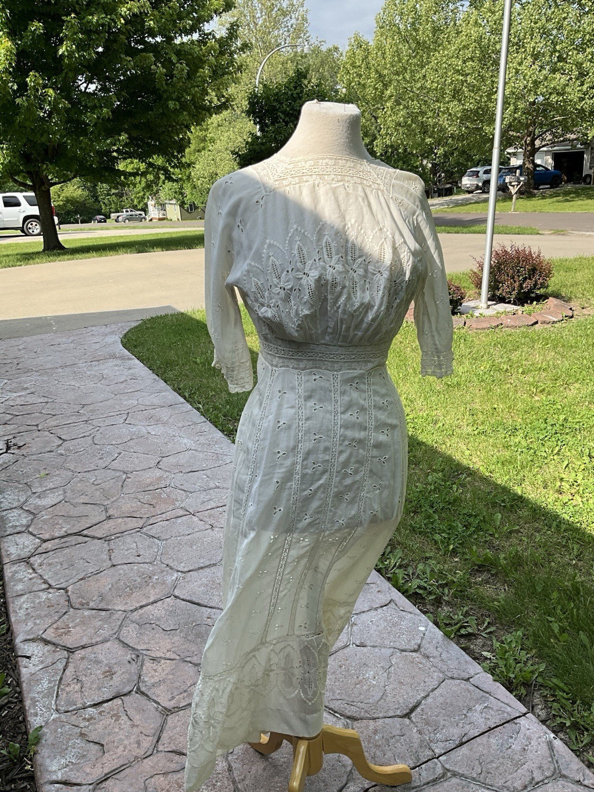 Antique Edwardian White Cotton Lace Dress Eyelet Whitework Embroidery Vintage