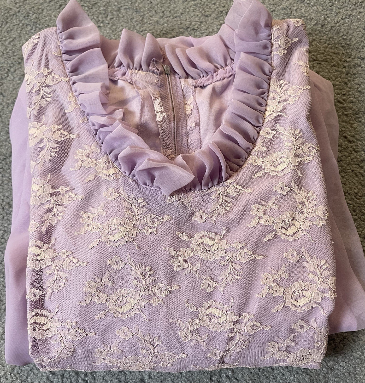 Vtg 70s Handmade Victorian Maxi Dress Sz L Lavender Floral Lace Overlay Prairie