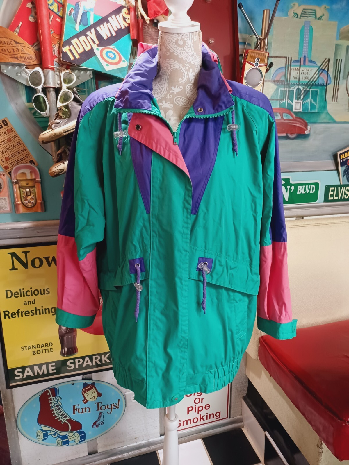 VTG 80s 90s London Fog Jacket Coat Raincoat Neon Color Block Shoulder Pads L