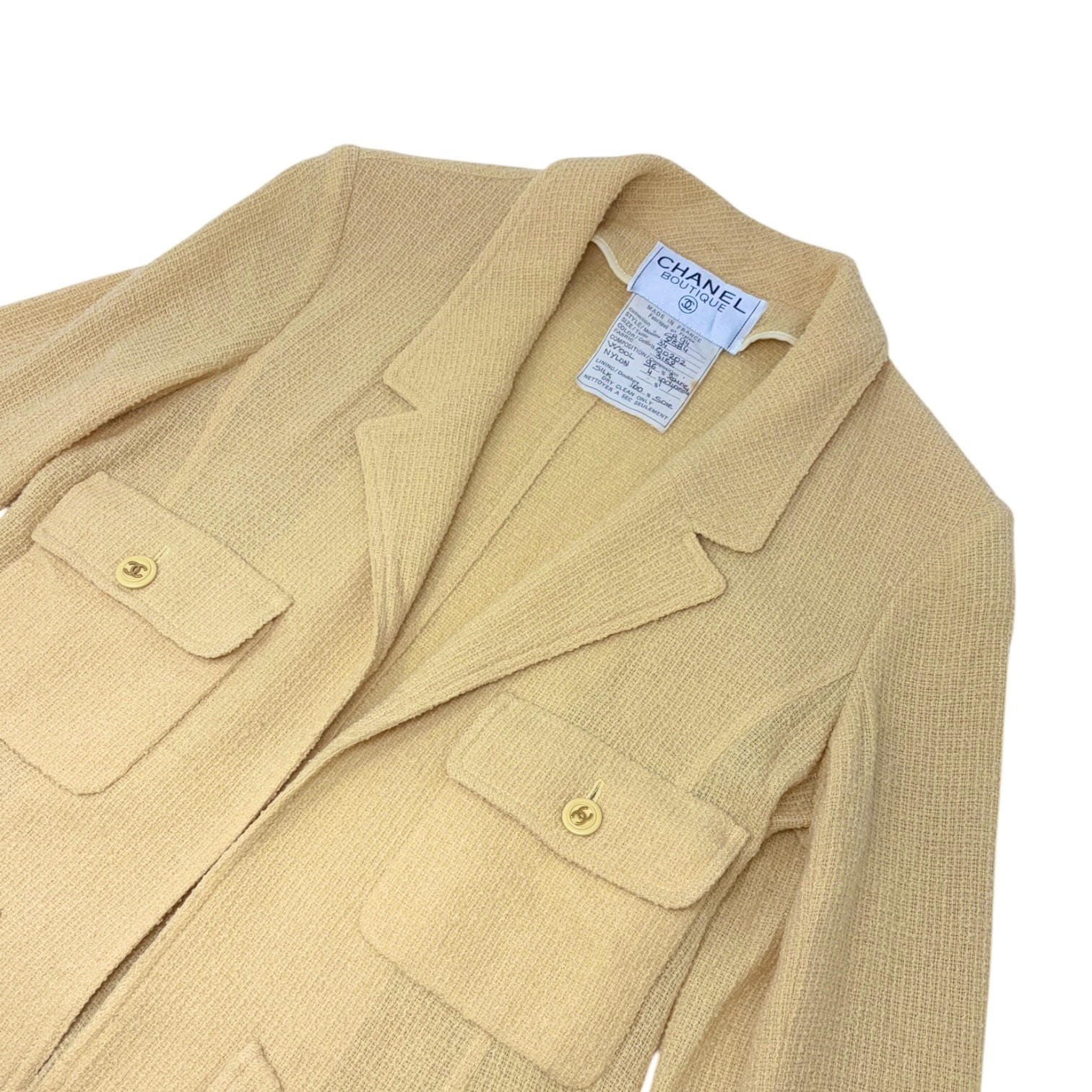 CHANEL Vintage 1994 CC Logo Tweed Collared Jacket #34 Yellow Gold Button Wool