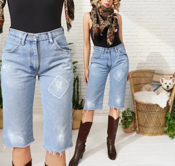 Vintage Rustler Distressed Jorts Shorts 29–30 Waist Light Wash Patched Denim