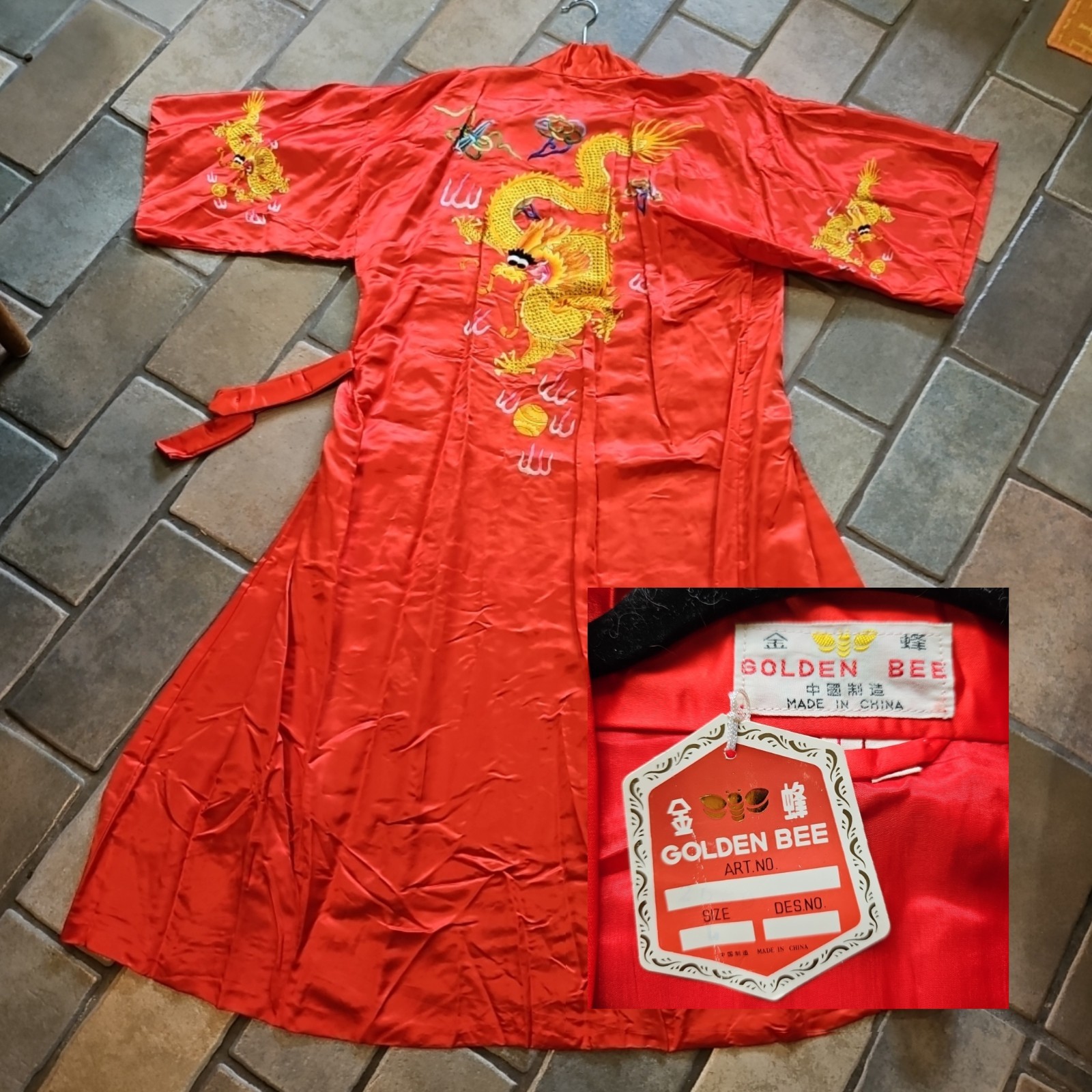 TRUE Vintage 60s Red Silk Embroidered Dragon Asian Kimono Robe MINT w TAG Sz L