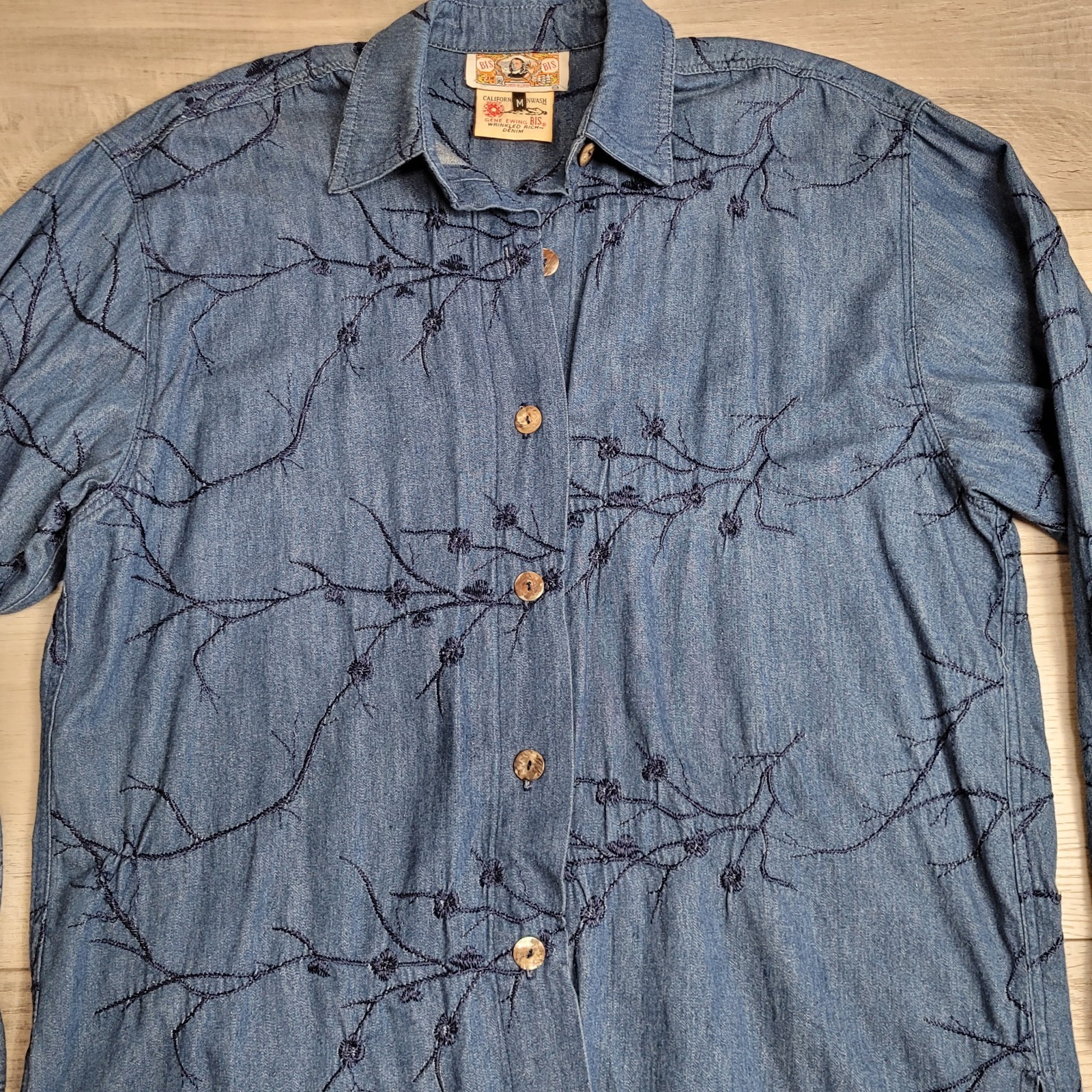 Vintage Gene Ewin BIS Shirt Womens M Wrinkled Rich Denim Embroidered 90&rsquo;s USA