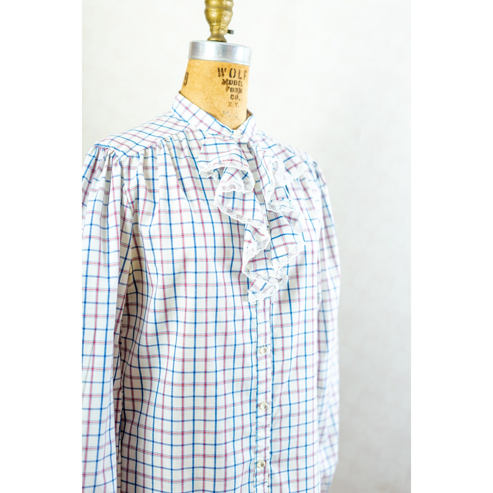Vintage 80s Cottage Plaid Ruffled Blouse, Red White Blue, Prairie Gingham, M