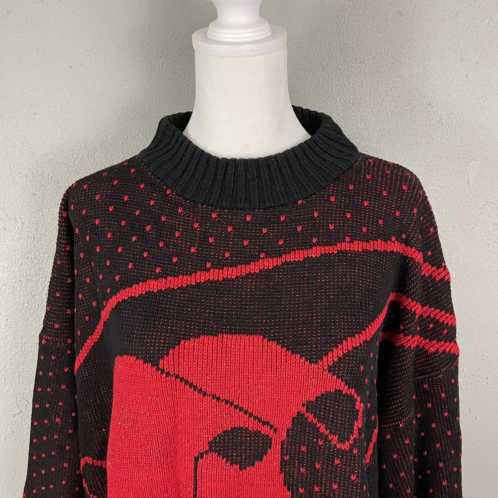 Distinctly Different Vintage Sparkle Sweater Size 22W Scroll Dots Red Black