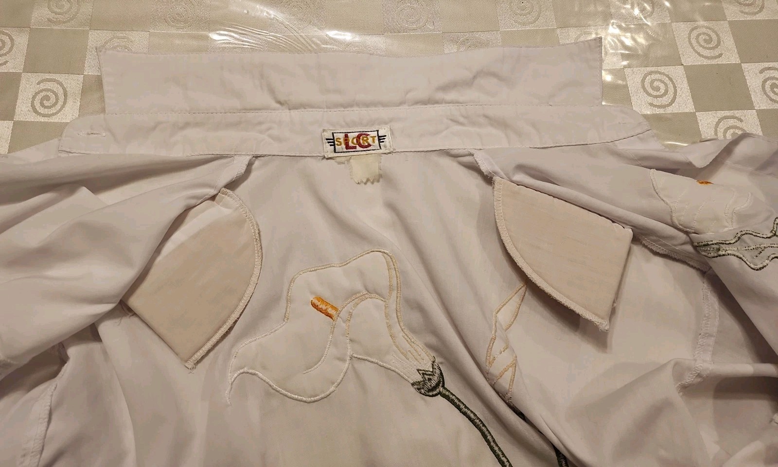 Vtg 80s White Cotton Blouse Short Sleeve Calla Lily Embroidered Shoulder Pads L