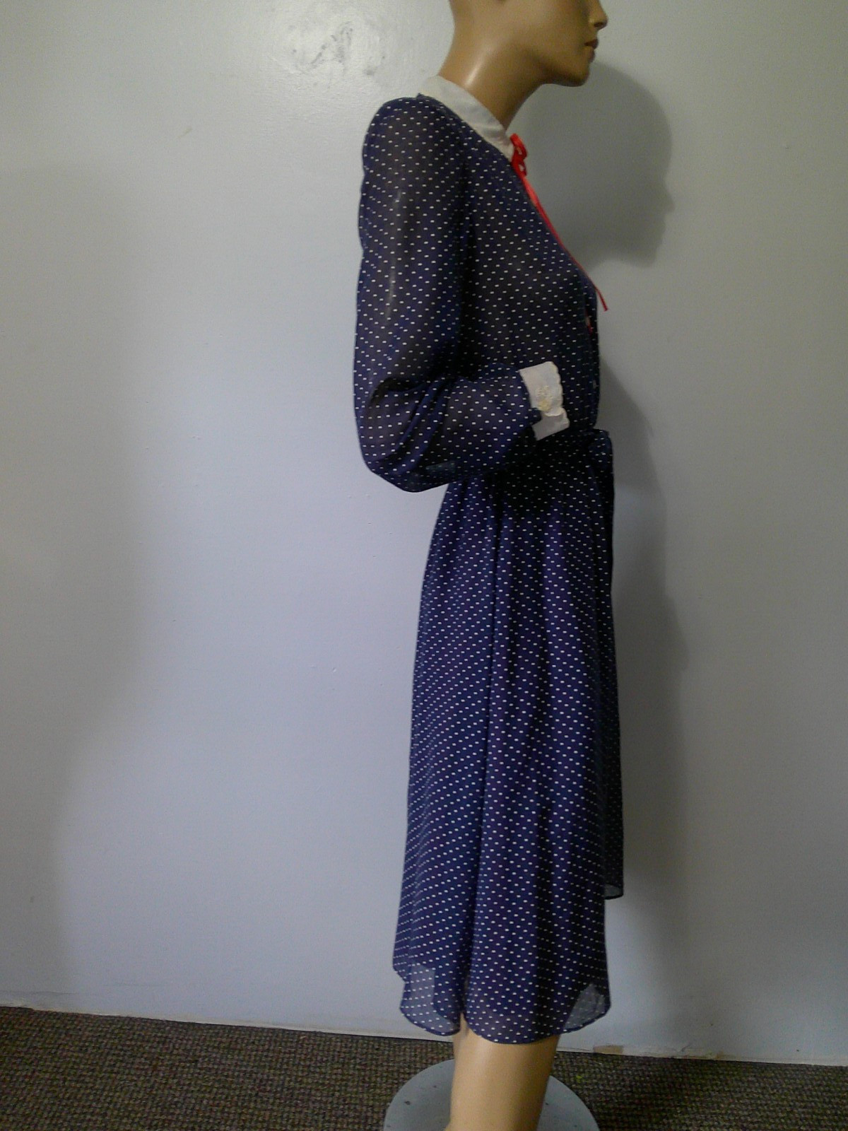 Vtg 70s Navy & White Tiny Dot Semi Sheer Modest Secretary Day Dress Fit Flare M