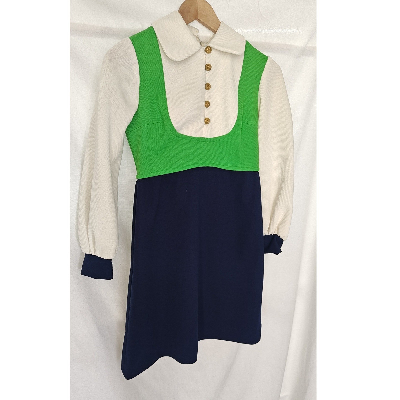 Vintage Colorblock Mini Dress Green White Navy Blue Mod 60s 70s Retro Small