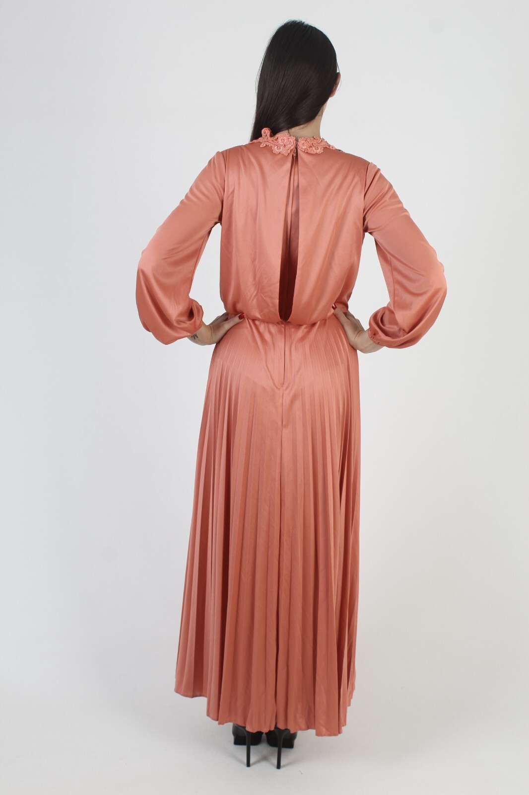 Vtg Rust Grecian Goddess Pleated Maxi Dress Ancient Roman Disco Party Gown M