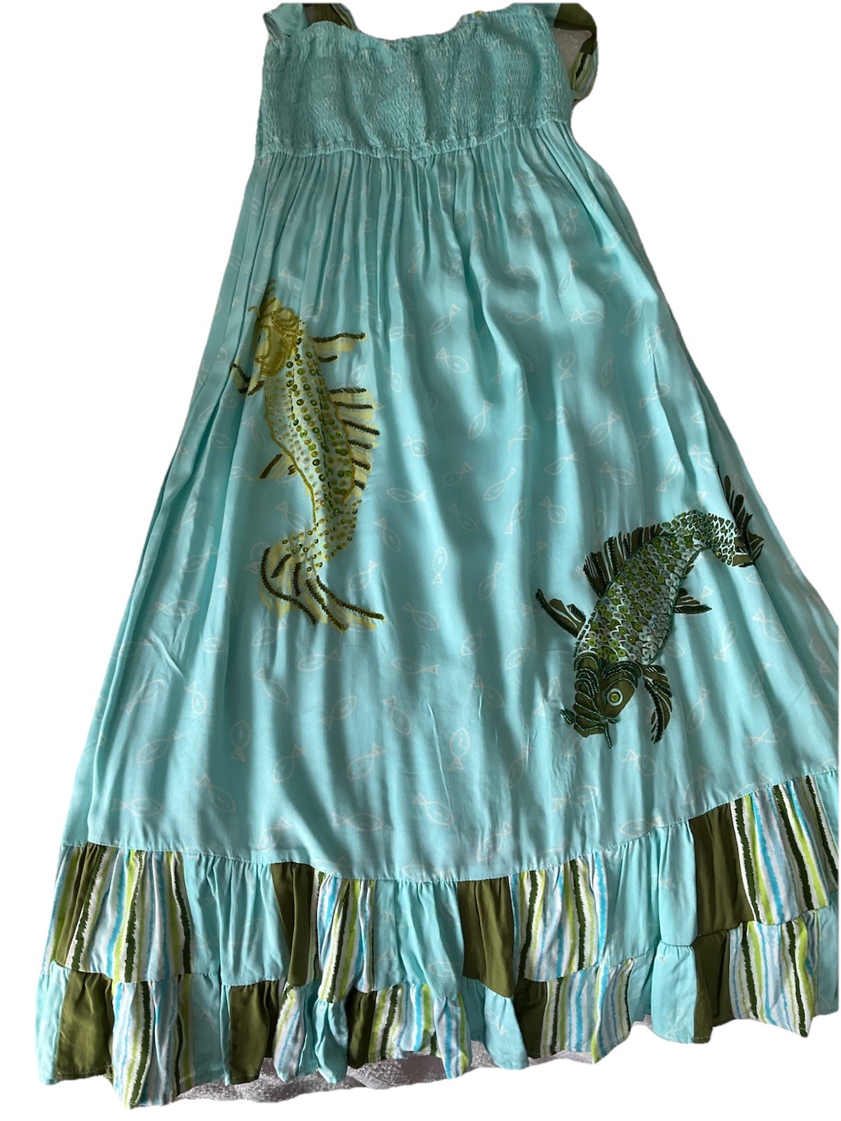 80s Vintage Artisan Sundress By Usindo, Indonesia, M, Green/Blue, Sequin Details