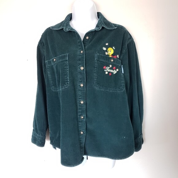 Vintage Looney Tunes Tweety Bird Dark Teal Green Blue Corduroy Button Down