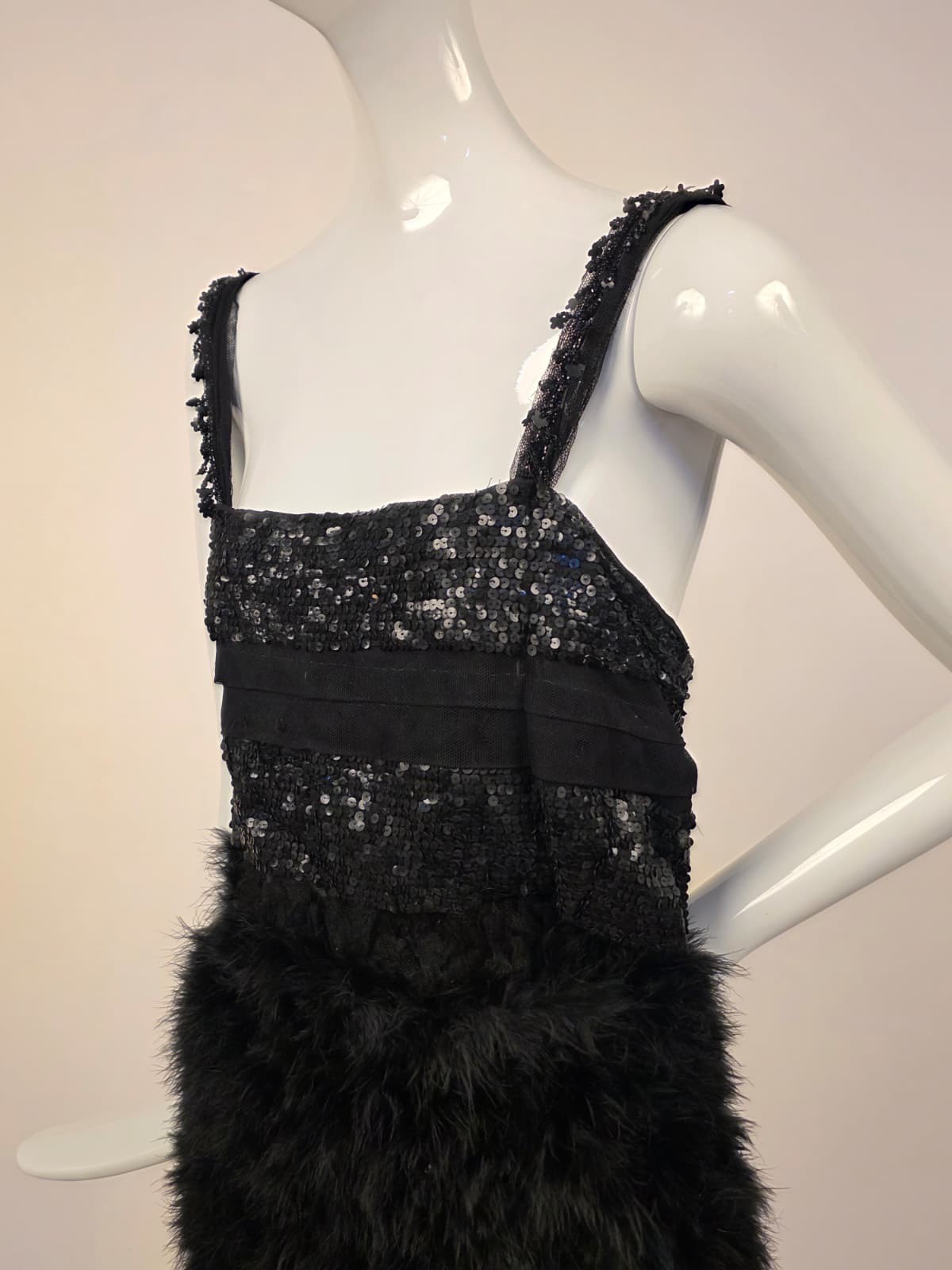 FLAPPER 1920’S SEQUIN TRIMMED DRESS W BLACK OSTRICH FEATHER SKIRT 