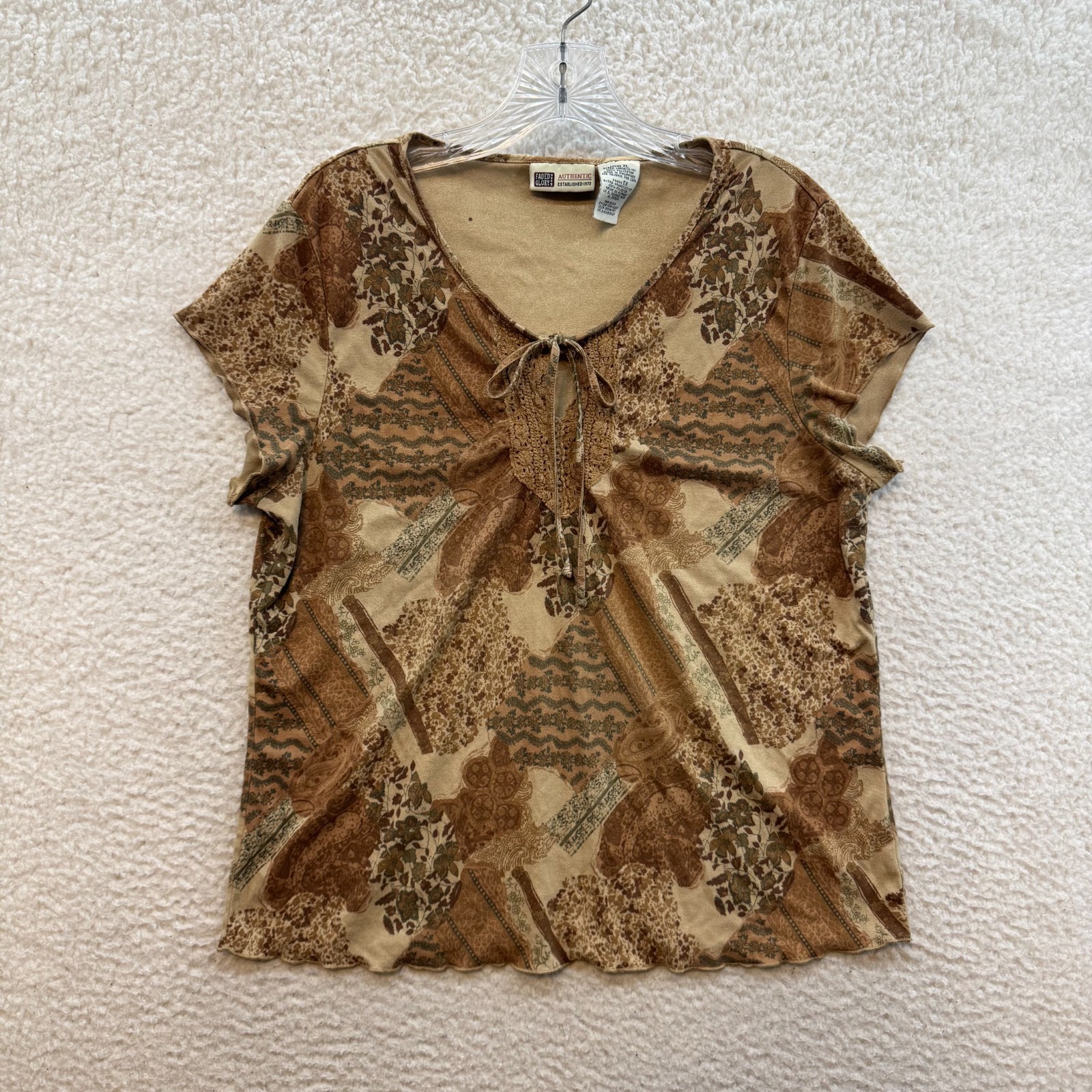 Y2K Vintage Top XL Tan Brown Faux Suede Microfiber Patchwork Boho Grunge Hippie