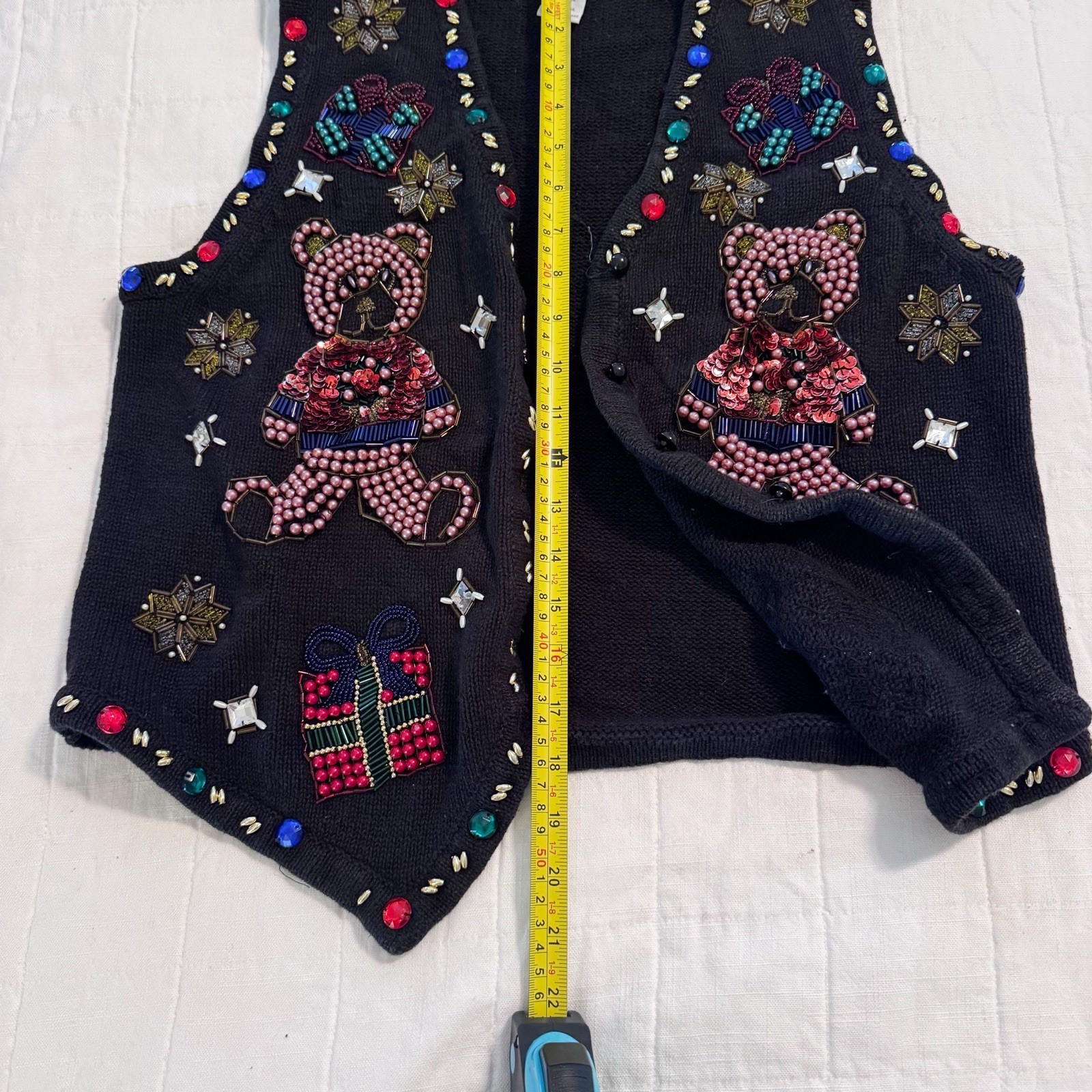 Vintage 90s Claudia D. Beaded Sequenced Christmas Sweater Vest Black Med Womens