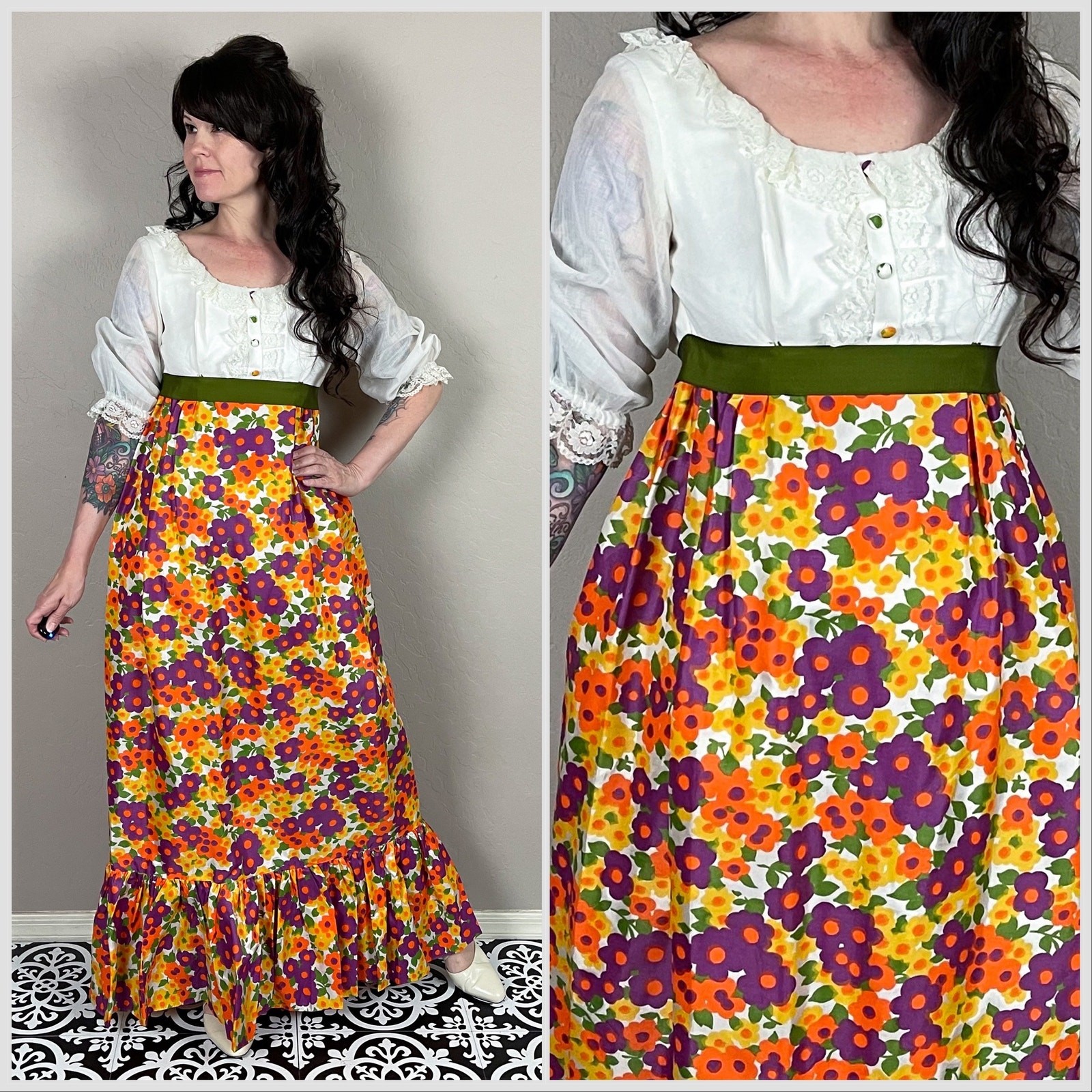 Vintage 1960s Floral Print Boho Peasant Style Maxi Dress | 24&Prime;-25&Prime; Waist