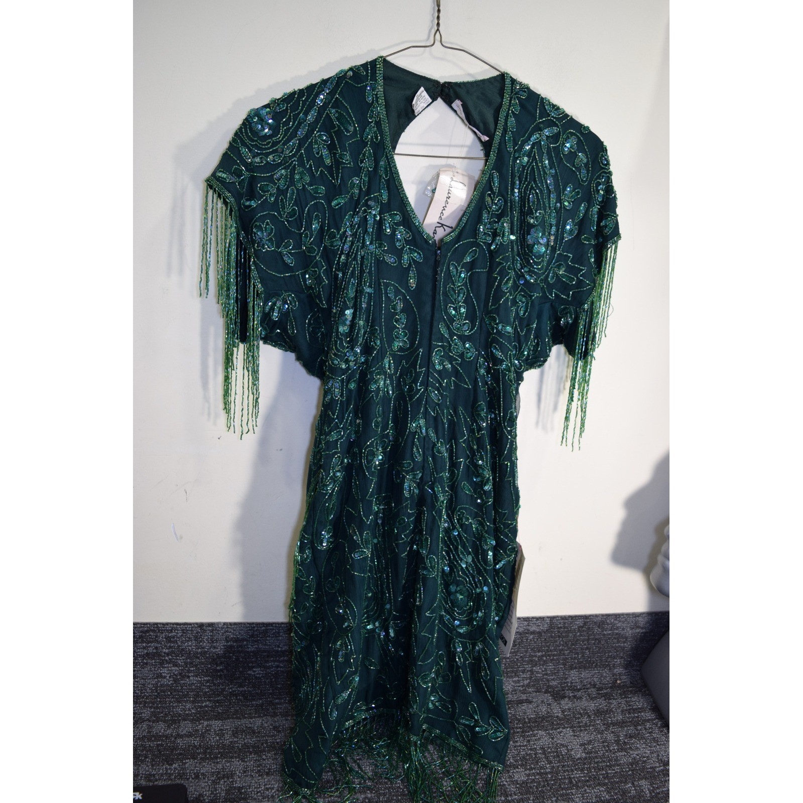 Vintage 80&rsquo;s Laurence Kazar Silk Beaded 1920&rsquo;s FLAPPER Dress Hunter Forest Green