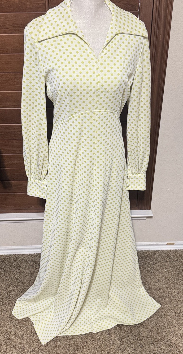 Vintage Maxi Dress 70s Yellow Polka Dot Homemade Prom Dagger Collar Mod Sz M