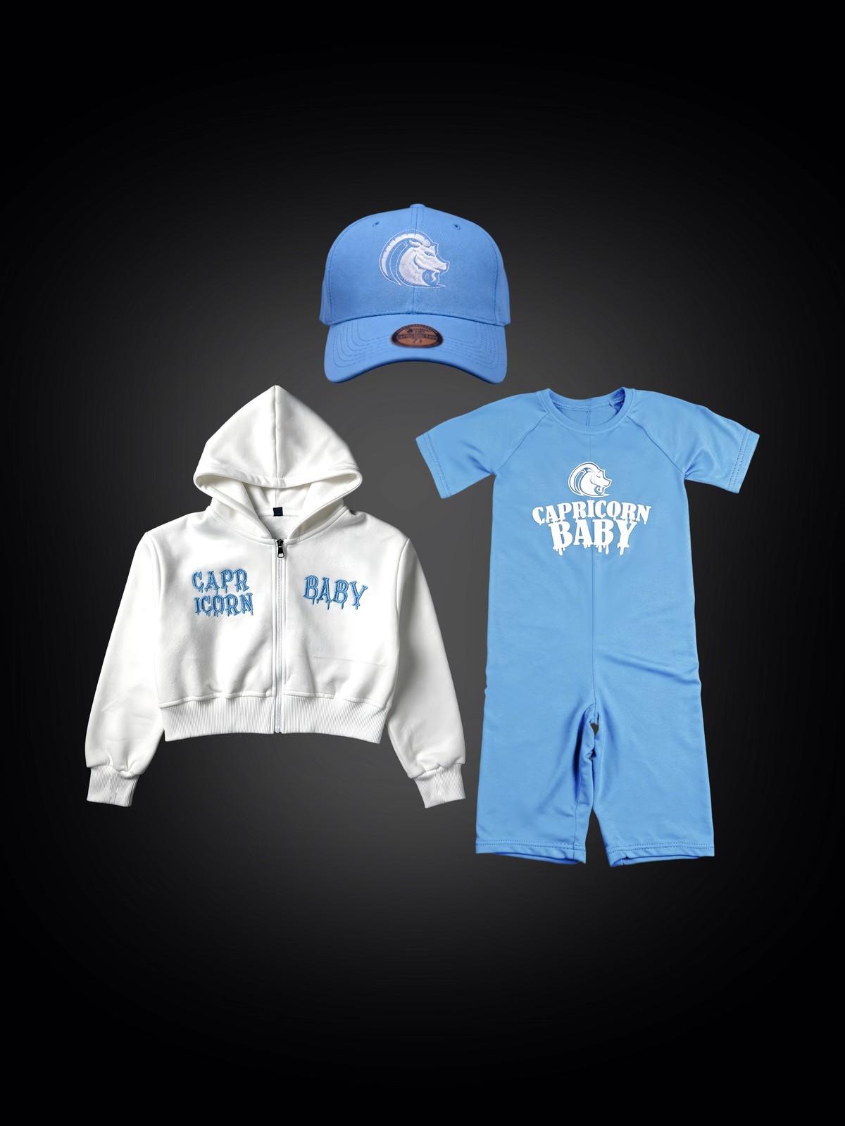 Capricorn Baby Aura Essentials 3PC Set Women Crop Hoodie Tank Cap Sky Blue