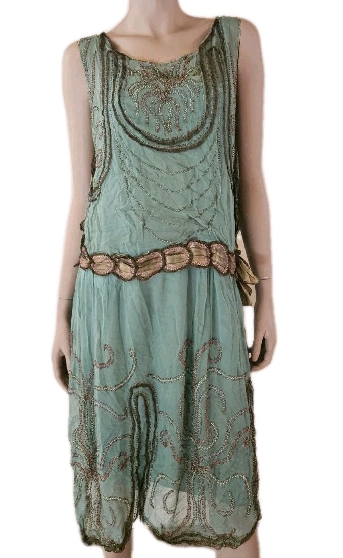 Antique 1920s French Beaded Flapper Dress Gold Lace Vintage Art Deco Bust 36