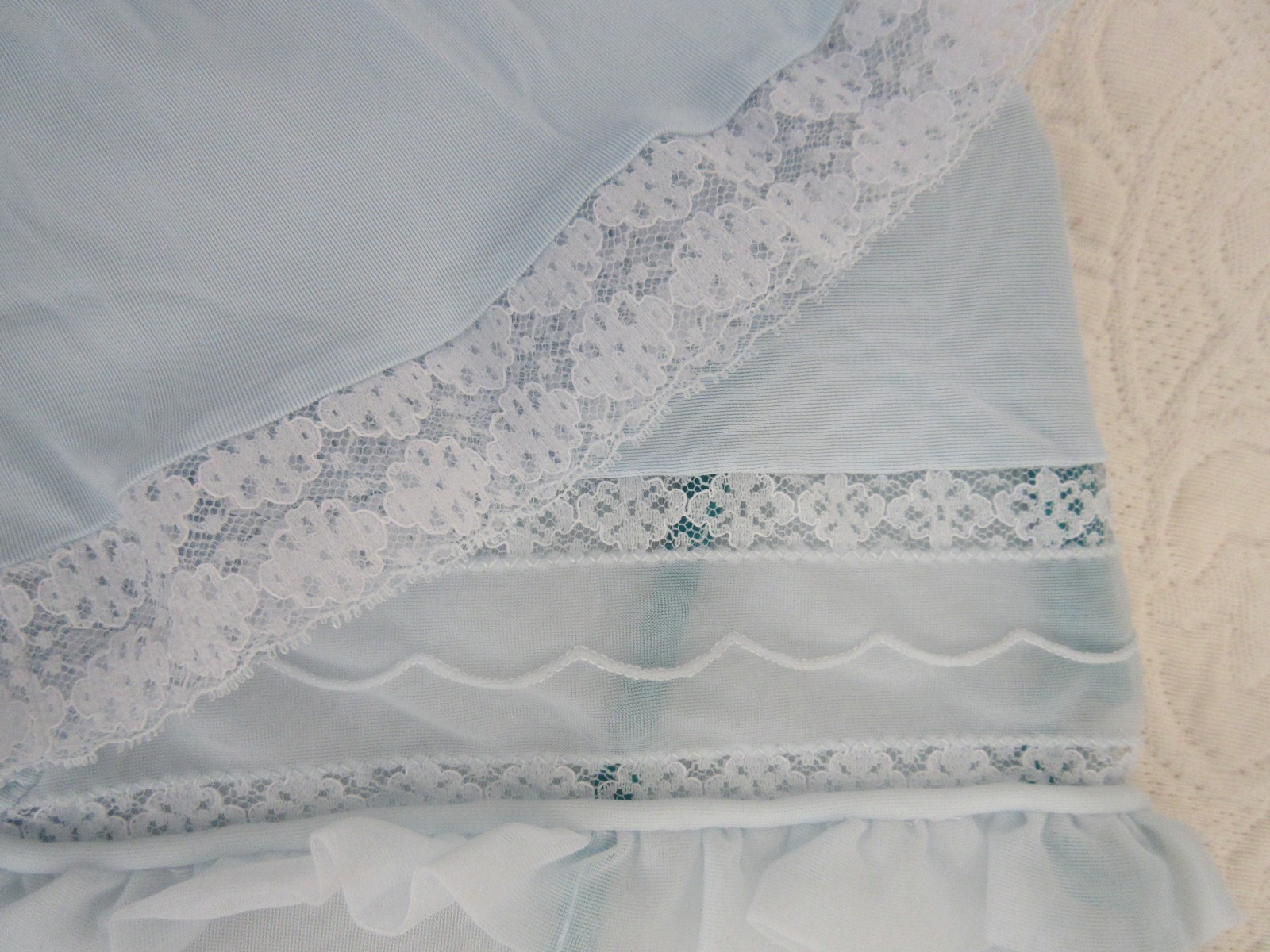 1950&rsquo;s BED JACKET LORRAINE Sheer BLUE nylon LACE overlay size MEDIUM 36/38 USA