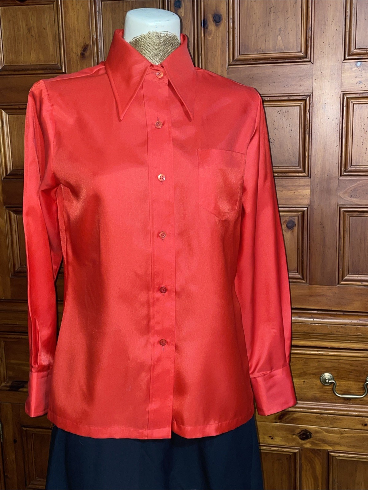 Vintage 70s White Stag Lg Collar Red Polyester Satin Blouse Retro Shirt Blouse