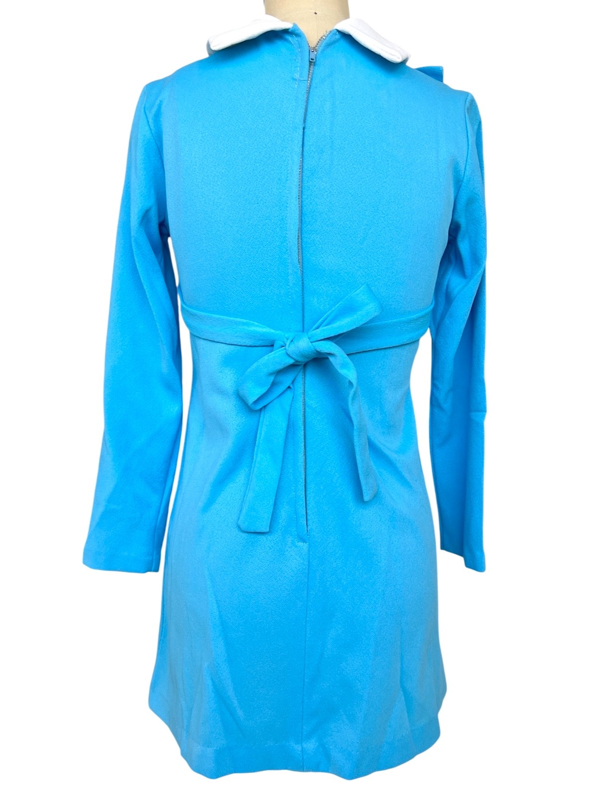 VTG 60s 70s Babydoll Pleat Mini Dress Blue White Ruffle Bib Collar Mod GoGo XS S