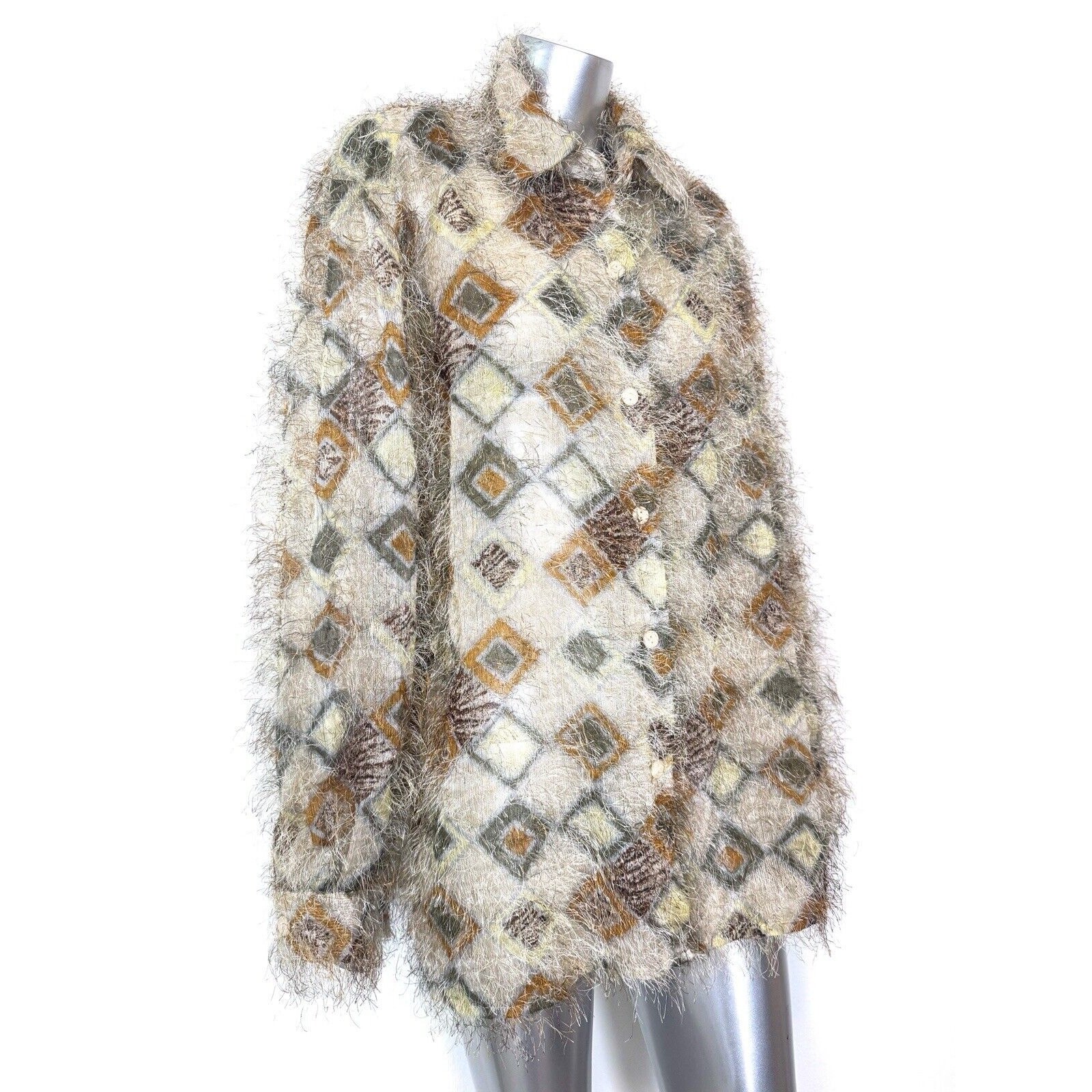 Vintage Art Deco Top Women&rsquo;s XL Retro Fuzzy Eyelash Detail Shirt Geometric