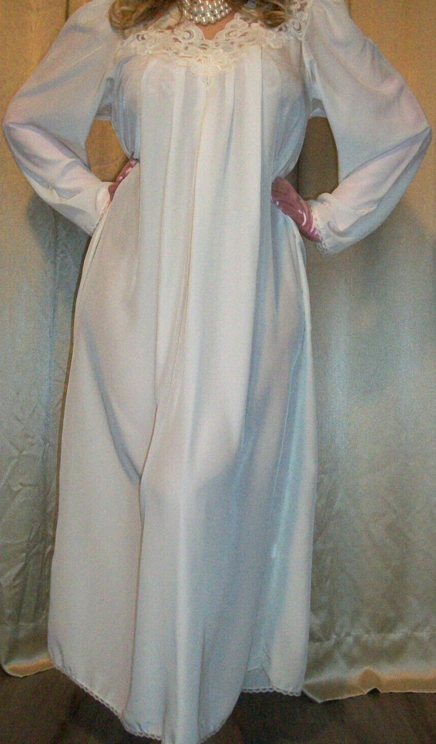 Vtg Pink Peach Flowers Long Ivory Satin Nightgown L