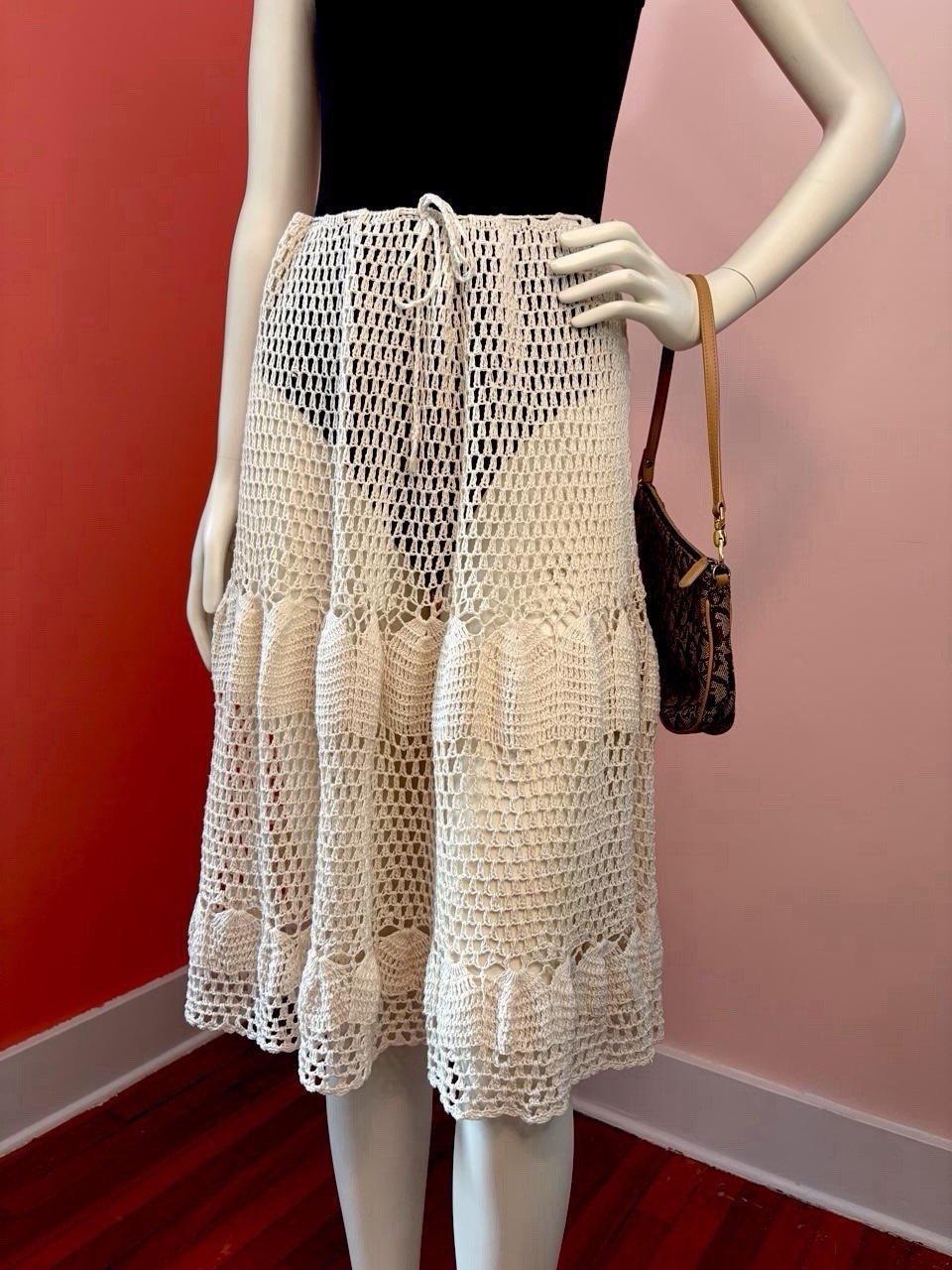 VTG 70s Crochet Midi Skirt Boho Festival Beach Cover Up Ivory Cotton Drawstring