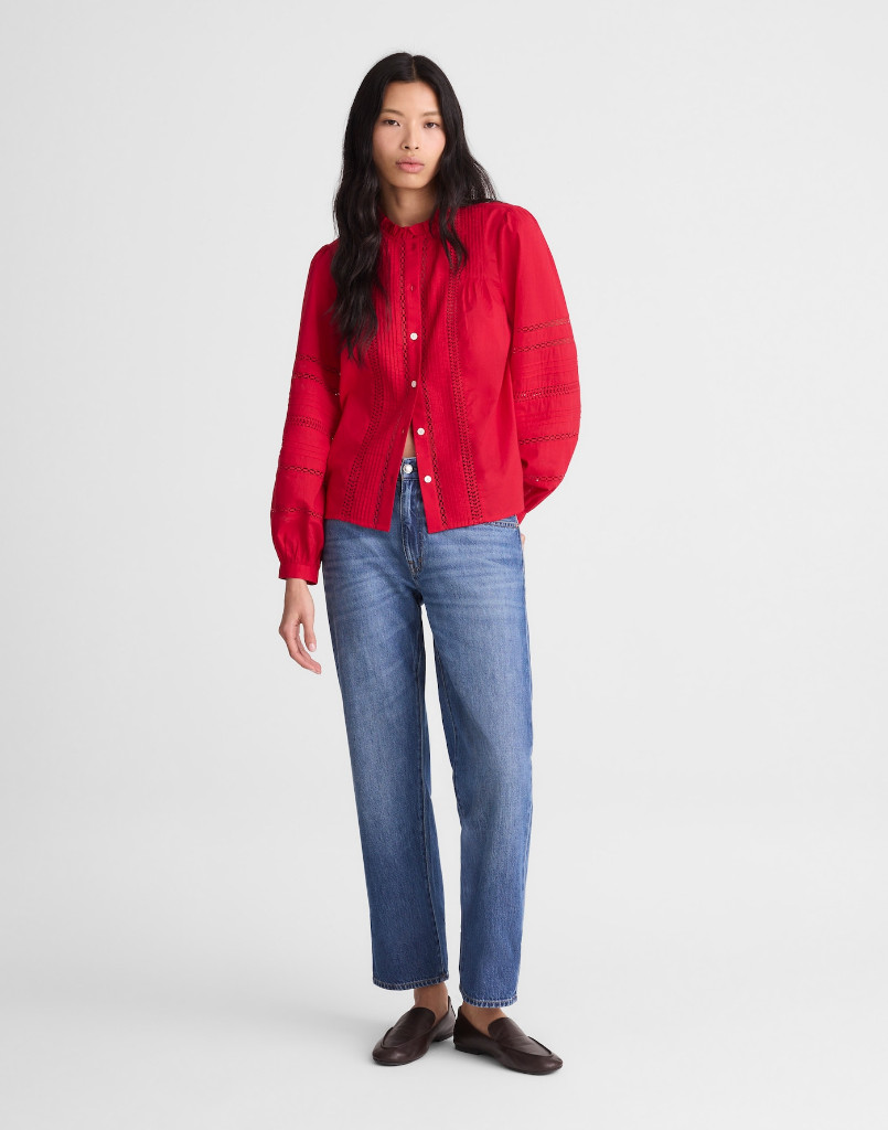 NWT Madewell Lace-Insert High-Neck Pintuck Top