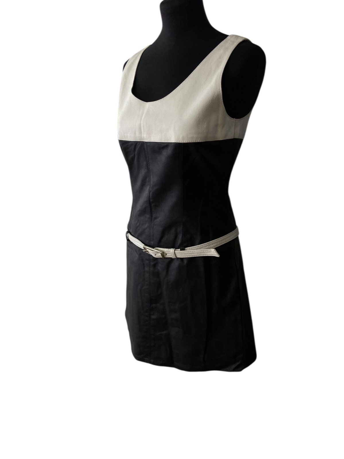 Women&rsquo;s Vintage 70&rsquo;s Sleeveless Leather Dress |Black and White Go-Go dress
