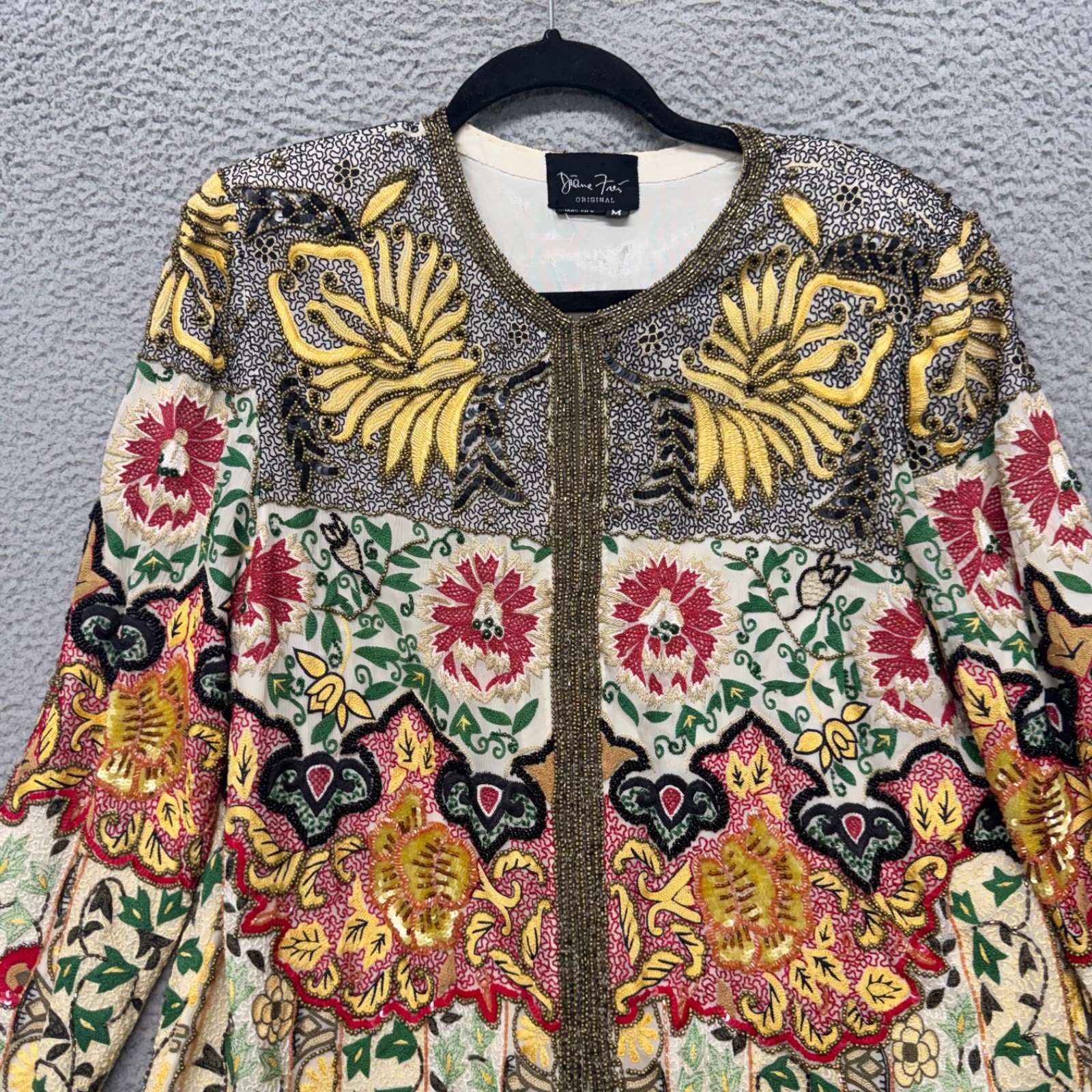 Diane Freis 100% Silk Beaded Jacket Womens M Floral Colorful Vintage Art To Wear