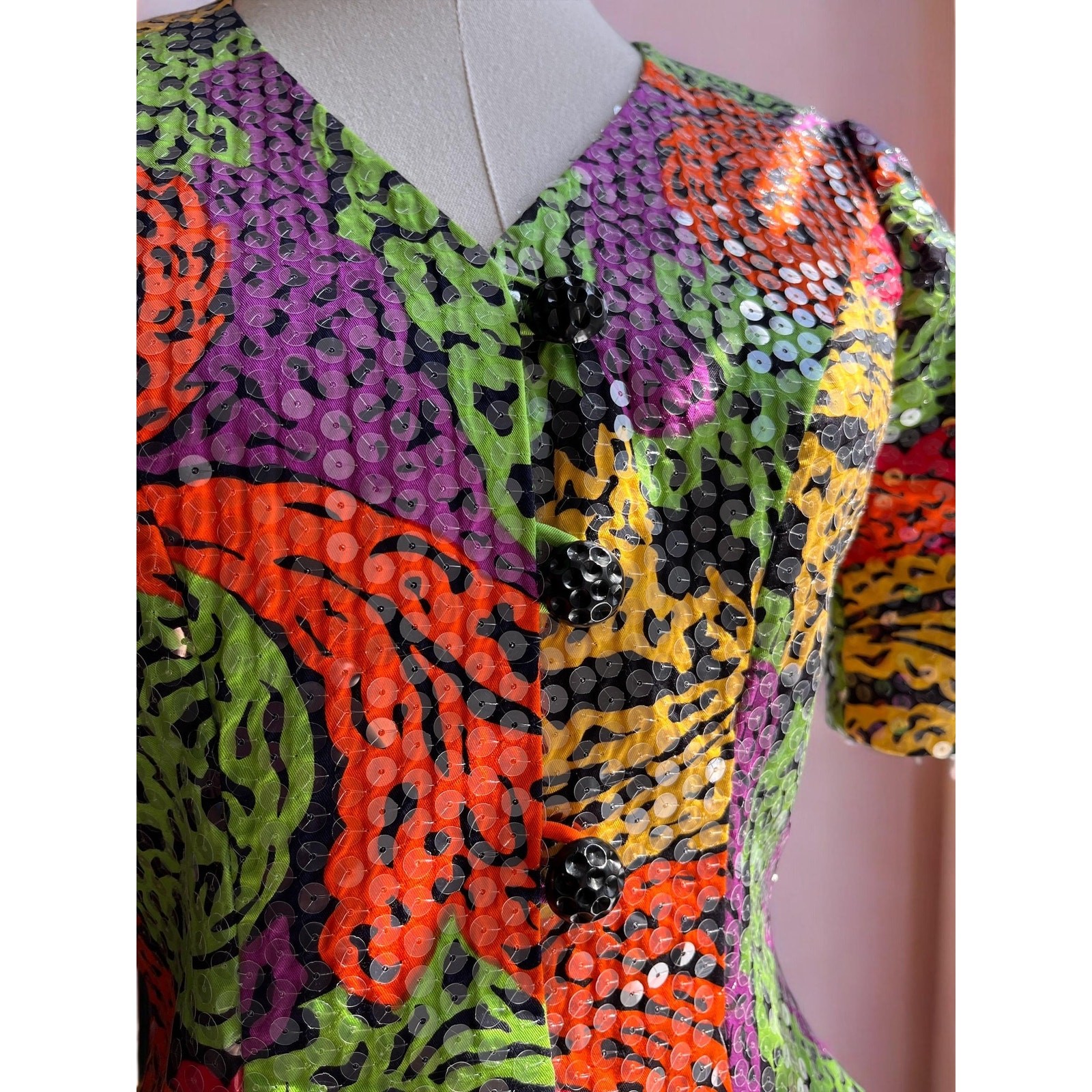 Vintage 80s Sequin Jacket Top | Neon Psychedelic Print Puff Sleeve Tailored |S/M