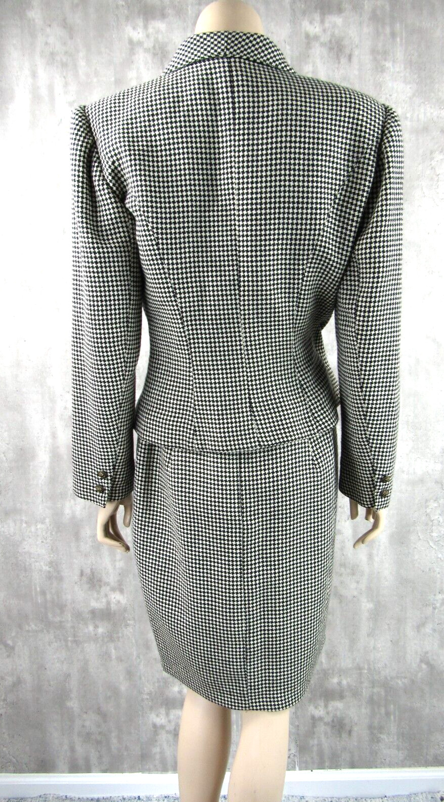 Vintage 80s Ungaro Parallele Italy Black White Check Wool 2pc Skirt Suit Size 8