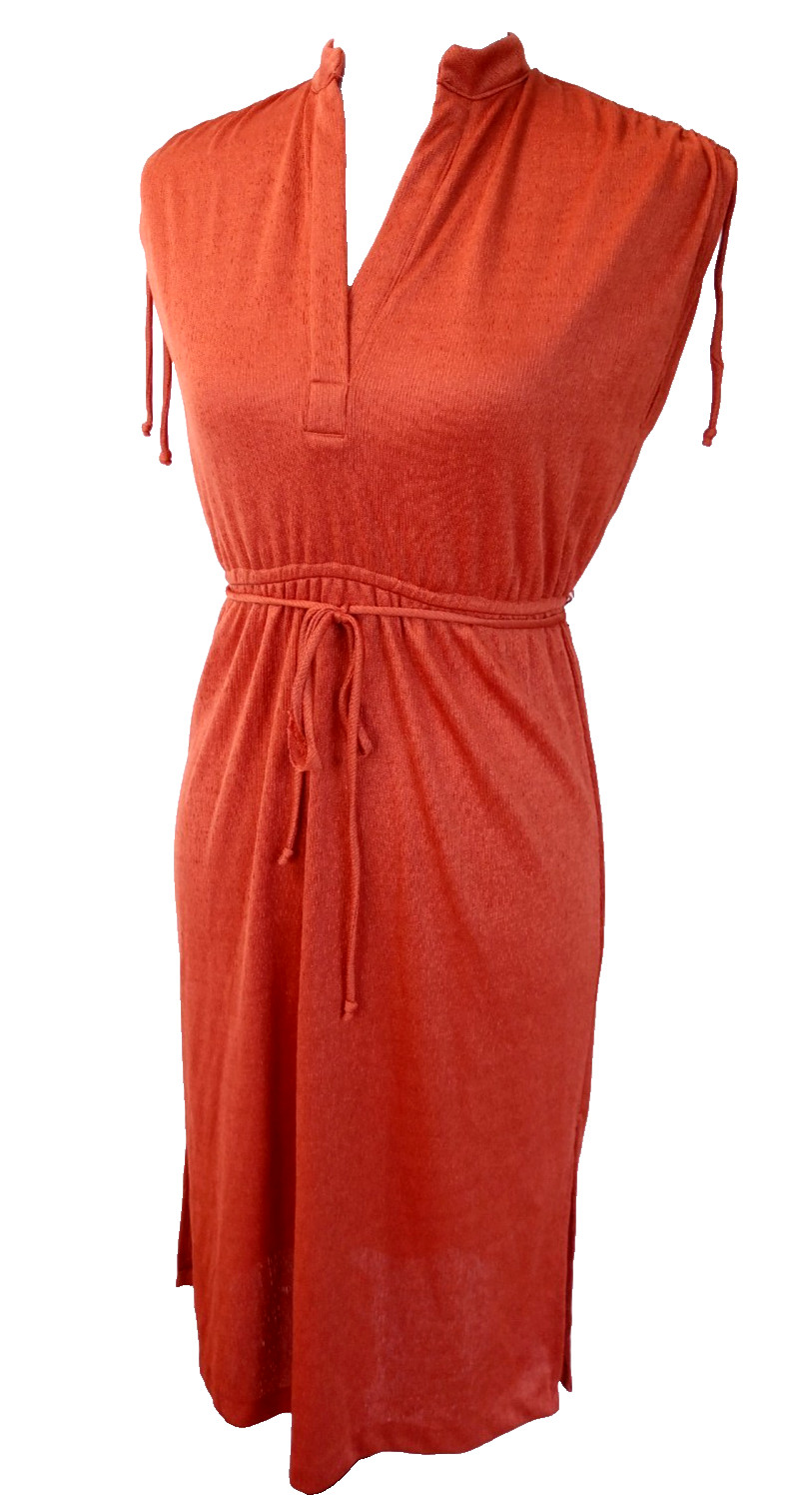 70s VTG Retro Disco Burnt Orange Rust Cinch Waist Dress Groovy Peasant 5 Small