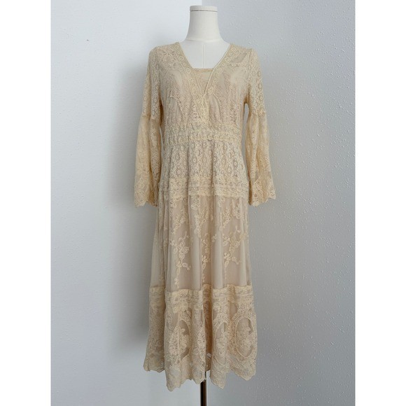 Vintage Cream Lace Embroidered Bell Sleeve Dress Boho Prairie Western Romantic M