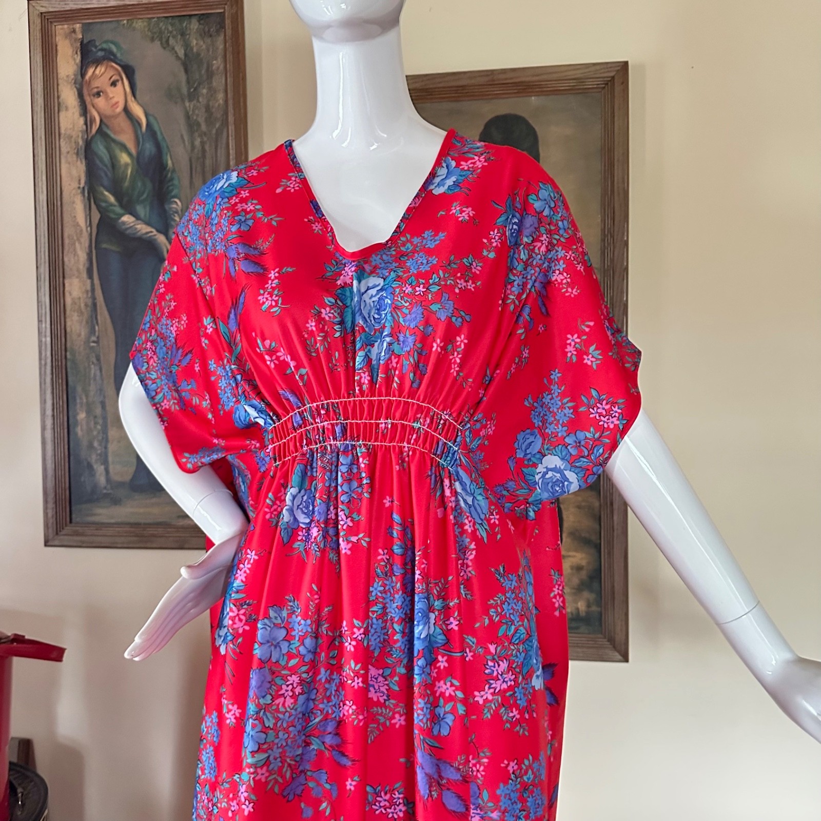 Vintage 1970s Mrs Roper Caftan Goddess Dress Red & Blue Hawaiian Floral M/L