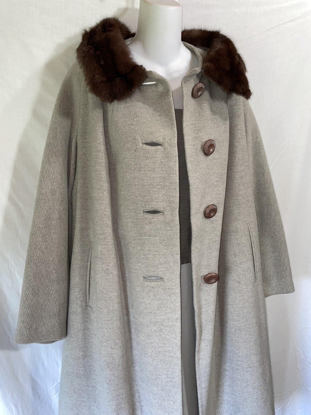 Vintage Coat Medium Large Long Gray Faux Fur Trim Overcoat Evening Jacket 50s
