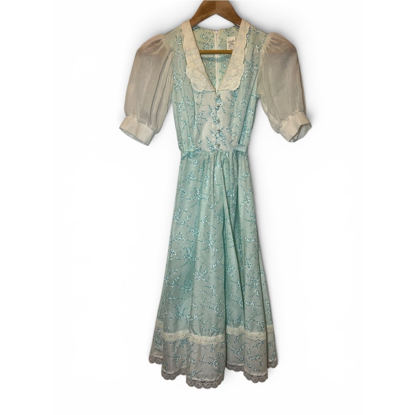 Vintage Prairie Blue Floral Lace Trim Tie-Back Midi Dress Cottage Feminine Sz 3