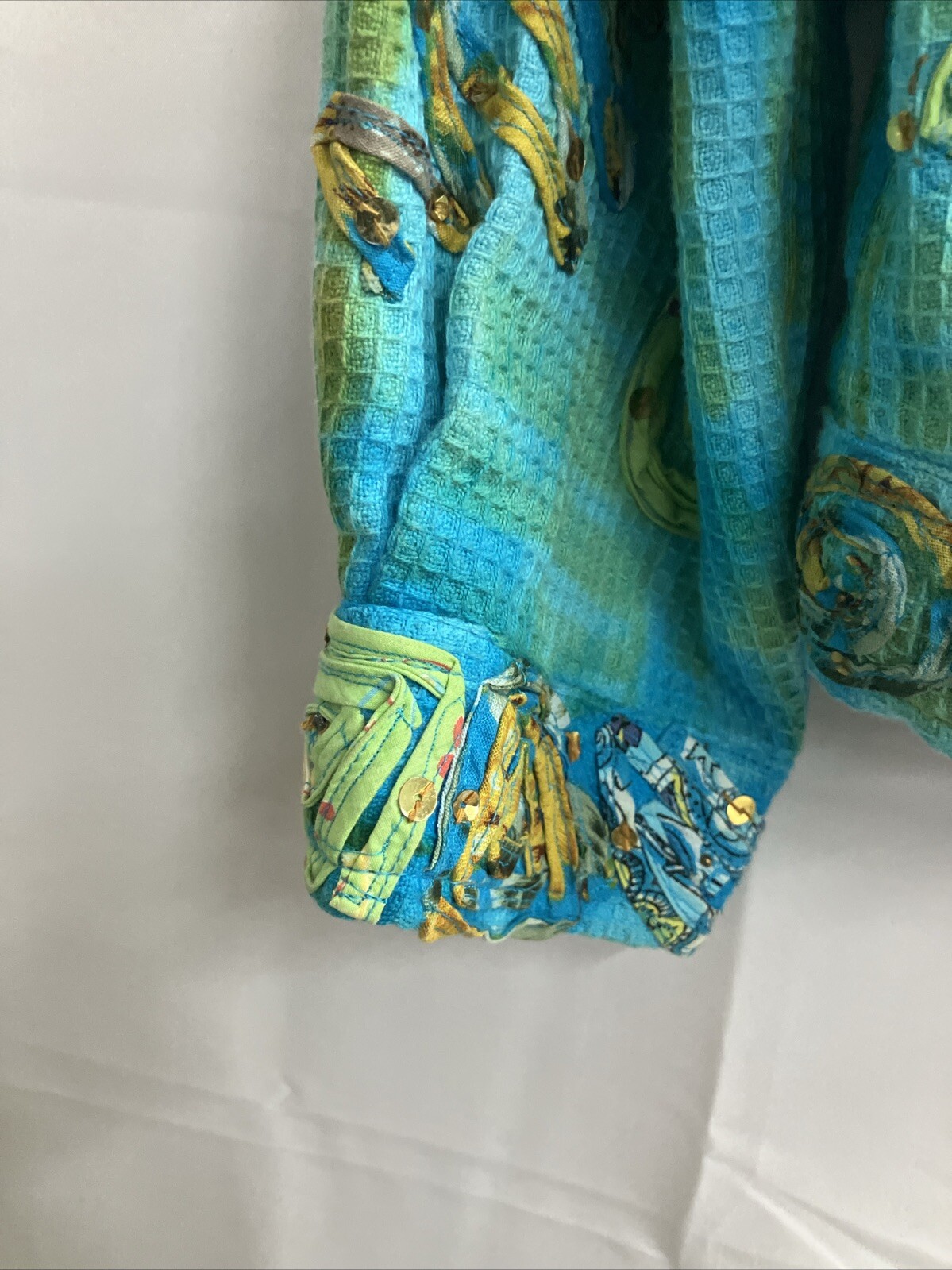 Vintage 90s Turquois Jacket Patchwork Bedazzle Retro CARRIE ALLEN Size Small