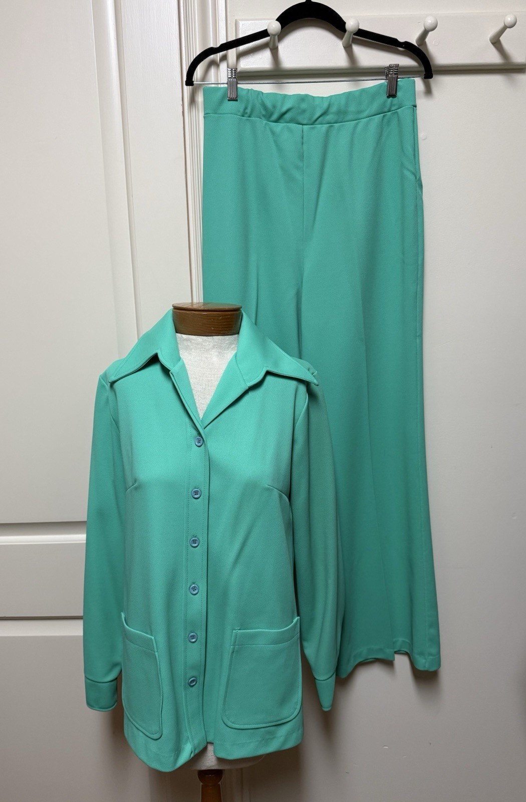 Vintage 1970&rsquo;S Seafoam Green Double Knit Pantsuit Wide Leg Pull On Pant Size 14