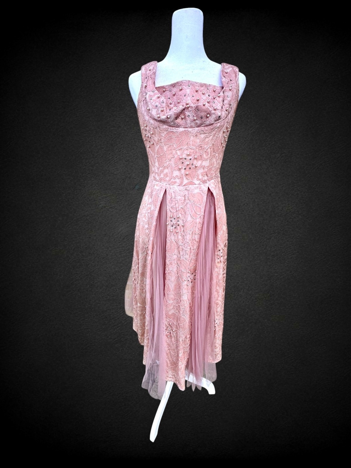 Vintage 1950s Pink Lace Cocktail Dress Pearl Rhinestone Tulle Full Skirt Party X