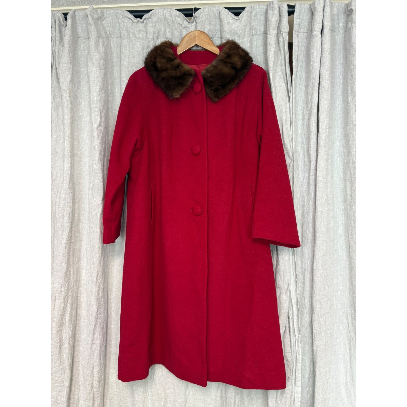 Vintage 1930s Red Wool Coat Mink Fur Collar WPA National Recovery Era Women&rsquo;s