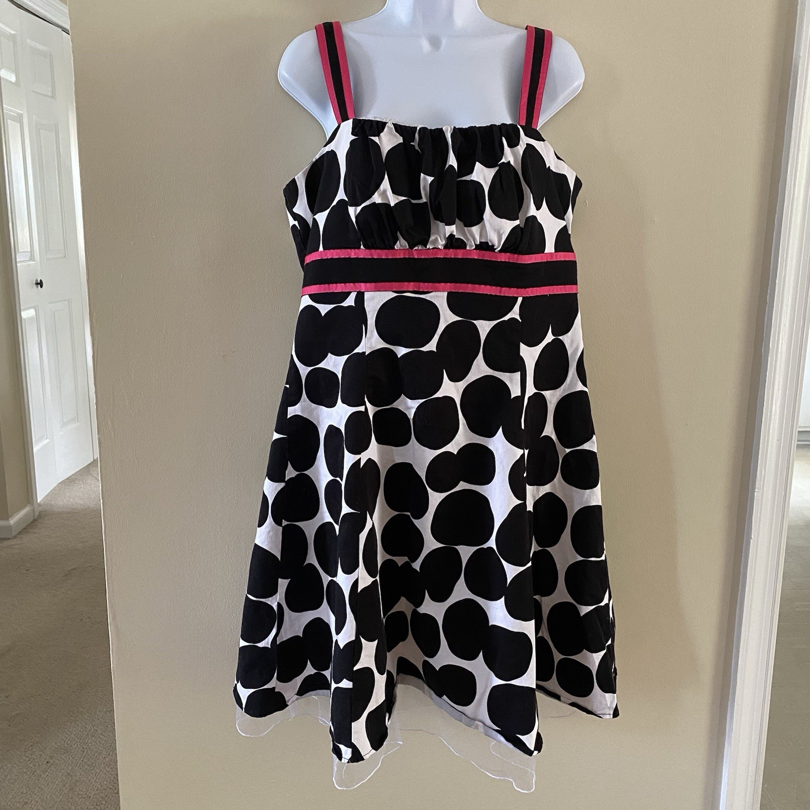 Vintage Kim Rogers Size 16 Polka Dot Dress Black White Pink Empire Waist Mesh