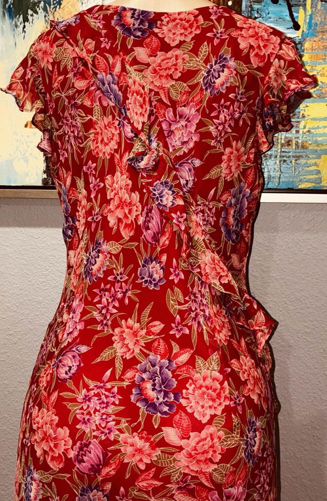 VTG Robbie Bee 100% Silk Red Floral Midi Slip Dress Fairy Chiffon Women’s 14