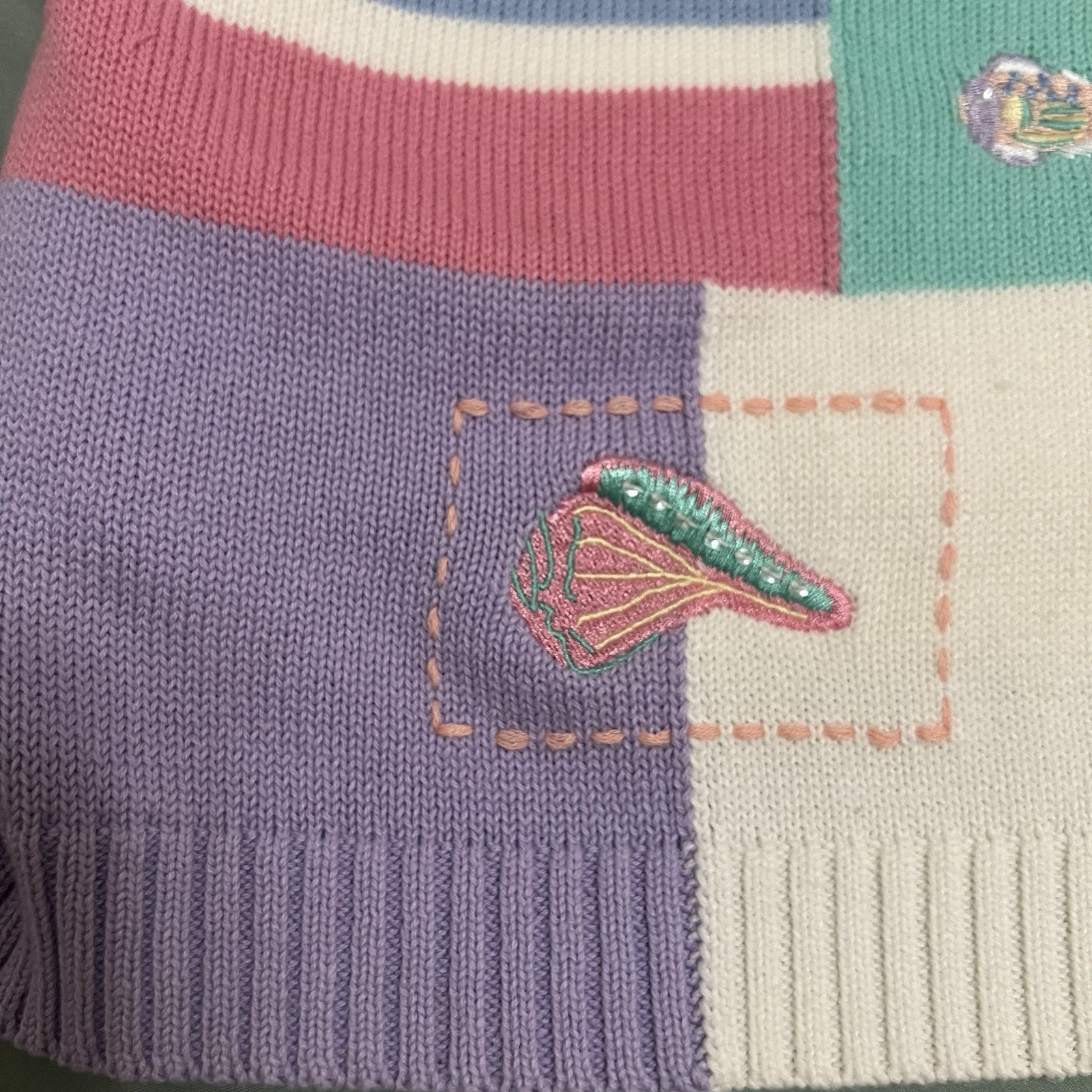 Vintage Seashell Cardigan Sweater M Pastel Colorblock Fish Grannycore