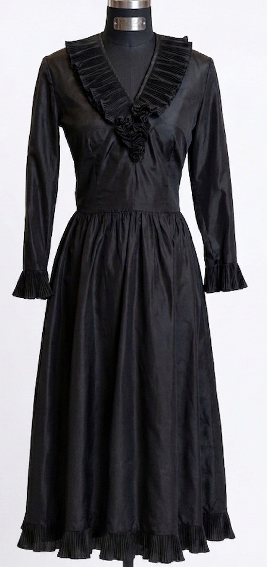 Vtg Victor Costa Black Gothic Victorian Silk Taffeta Midi Dress Sz 6 L/S Ruffle