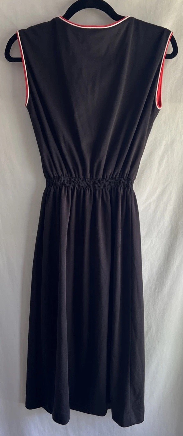 1980s Melissa Petites Black Athletic Style Midi Dress Red & White Piping Size 10