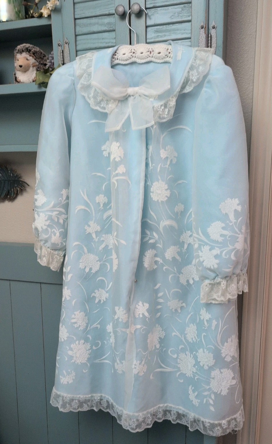 Vtg ODETTE BARSA Sheer Baby Blue Floral Nightgown Coat Robe Dress Lingerie 60&rsquo;s
