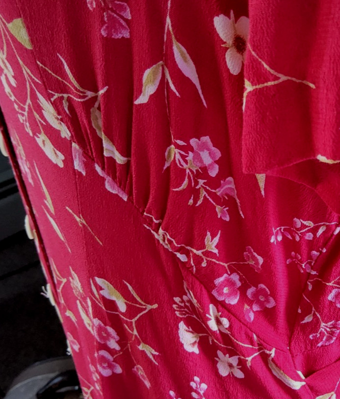 VTG RED FLORAL 1940s STYLE DAY DRESS Retro 90s Rayon. Tea Length Swingy Sz 14/16